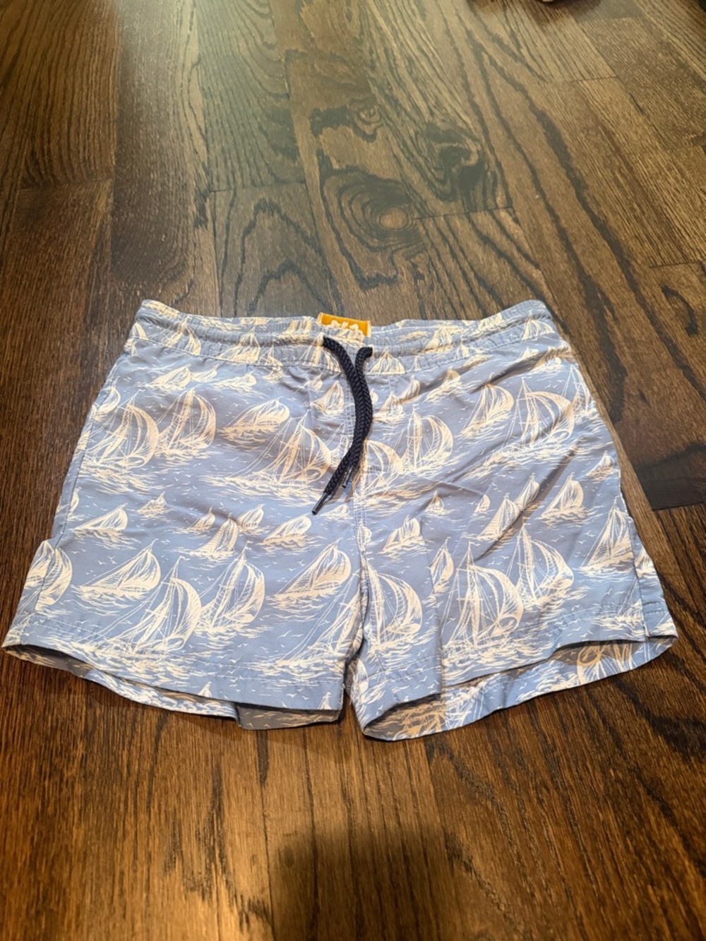 The Beaufort Bonnet Company Light Blue & White Sailboat Kids Swim Bermudas